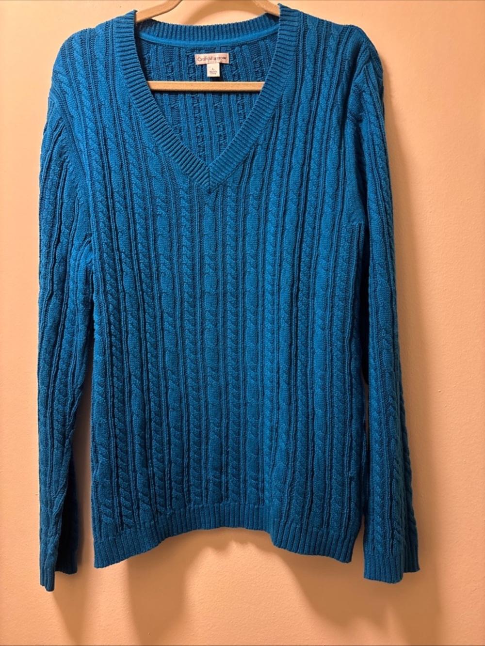 croft & barrow Teal Blue Cable-Knit V-Neck Long Sleeve Sweater